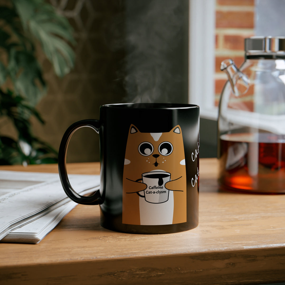 Caffeine Cat-a-clysm cat 11oz Black Mug