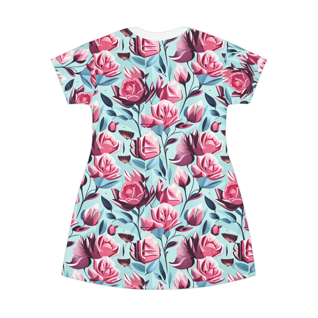 Pink Roses on Blue, Women's T-Shirt Dress (AOP)