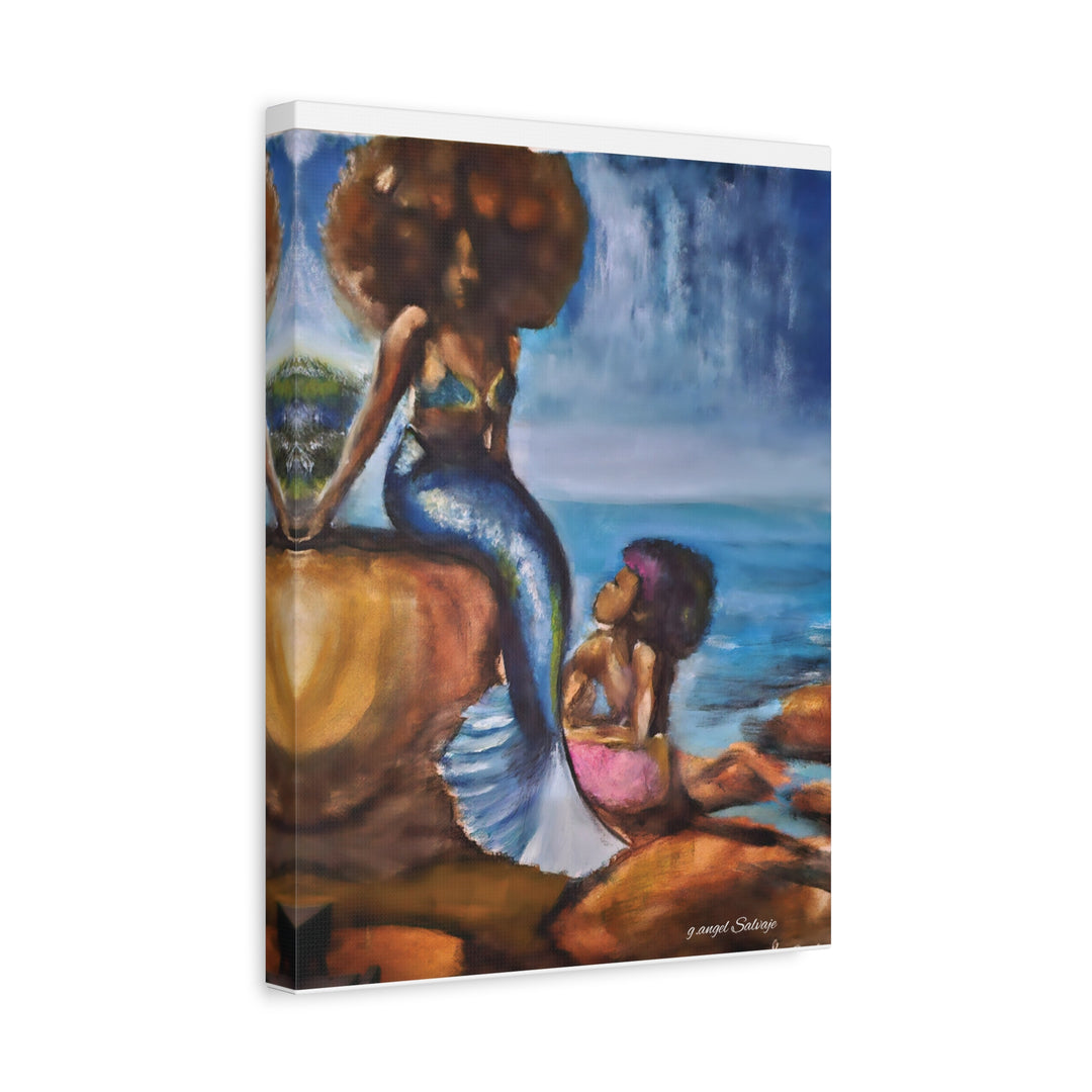 Mermaid and Child Art Canvas Print - Afrocentric Bohemian Decor