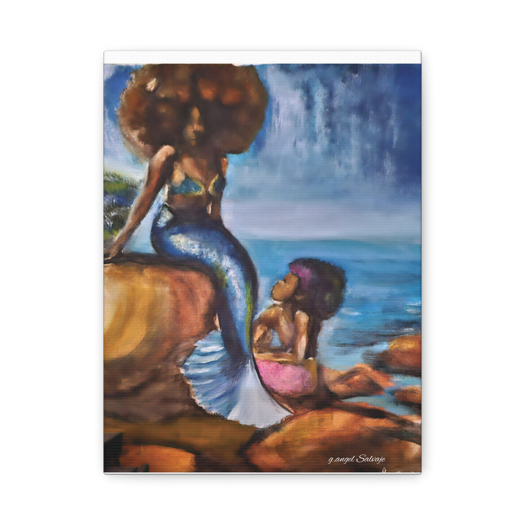 Mermaid and Child Art Canvas Print - Afrocentric Bohemian Decor