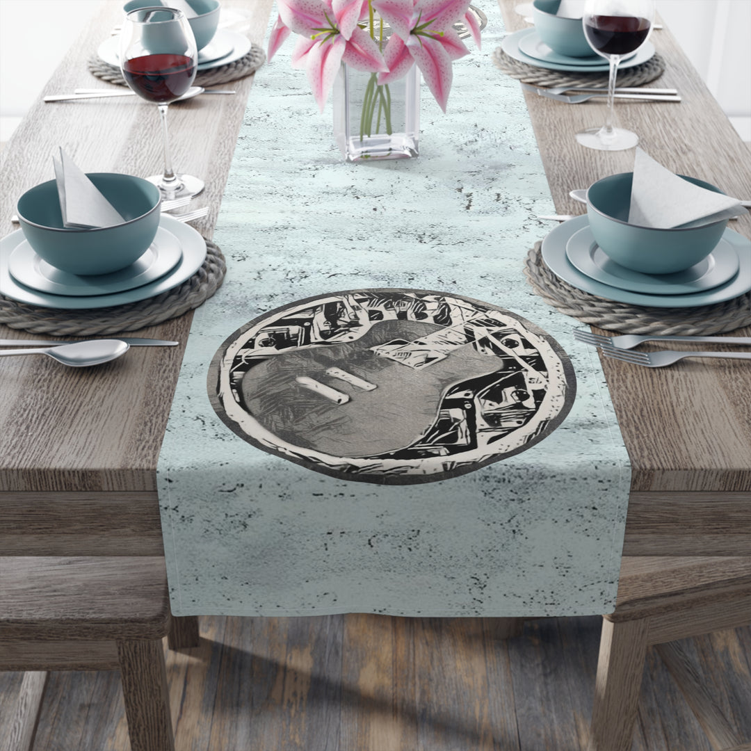 Grey Little Sketchy on Textured Blue Table Runner (Cotton, Poly)
