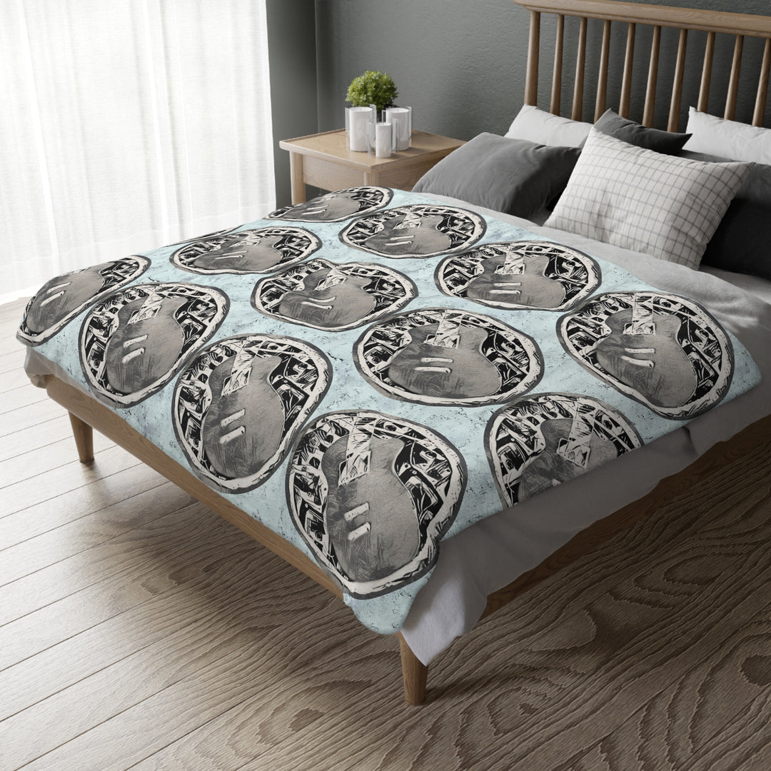 Grey Little Sketchy on Textured Blue Velveteen Minky Blanket (Two-sided print)