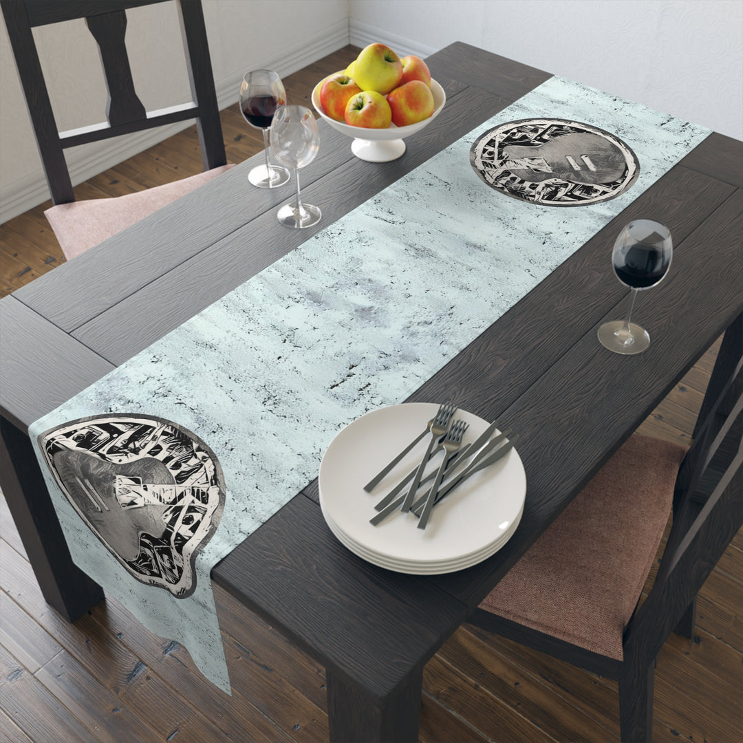 Grey Little Sketchy on Textured Blue Table Runner (Cotton, Poly)
