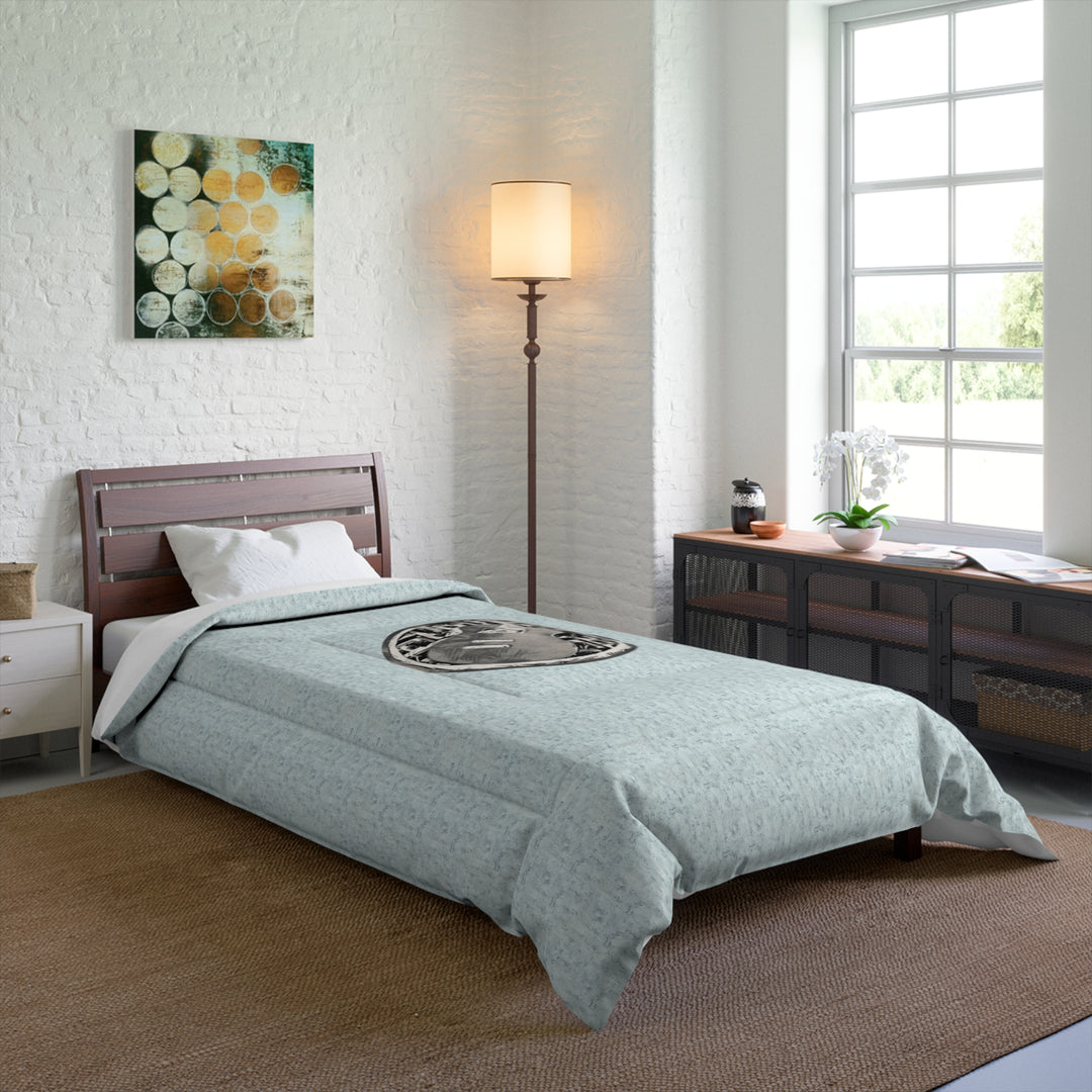 Grey Little Sketchy on Textured Blue Comforter