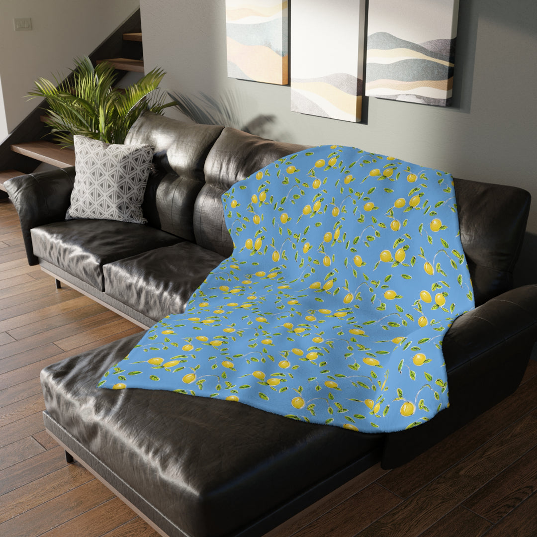 Lemons on blue Velveteen Minky Blanket (Two-sided print)