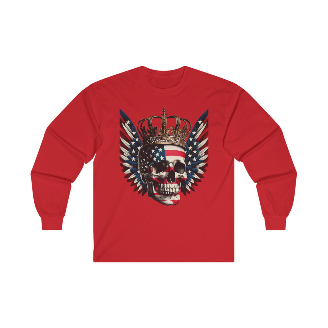 Long Sleeve Tee - Fierce Soul Stars and Stripes Royal Winged Skull Design
