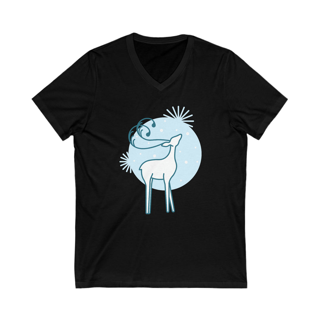 Reindeer in the Snow Unisex Jersey Short Sleeve V-Neck Tee