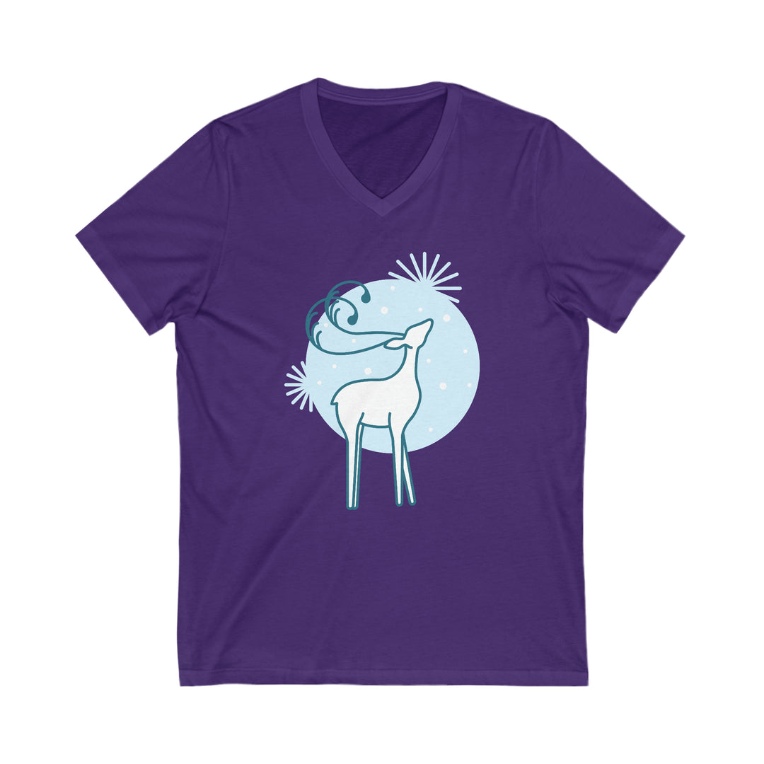 Reindeer in the Snow Unisex Jersey Short Sleeve V-Neck Tee