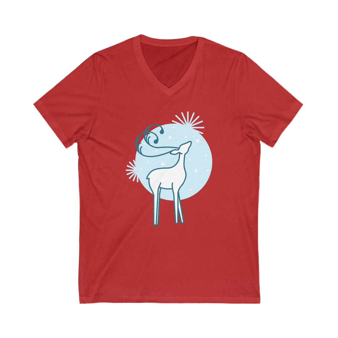 Reindeer in the Snow Unisex Jersey Short Sleeve V-Neck Tee