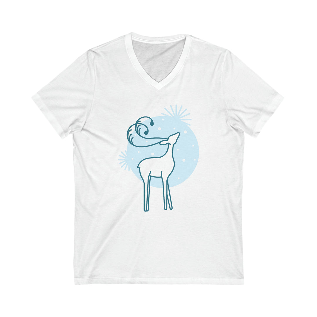 Reindeer in the Snow Unisex Jersey Short Sleeve V-Neck Tee