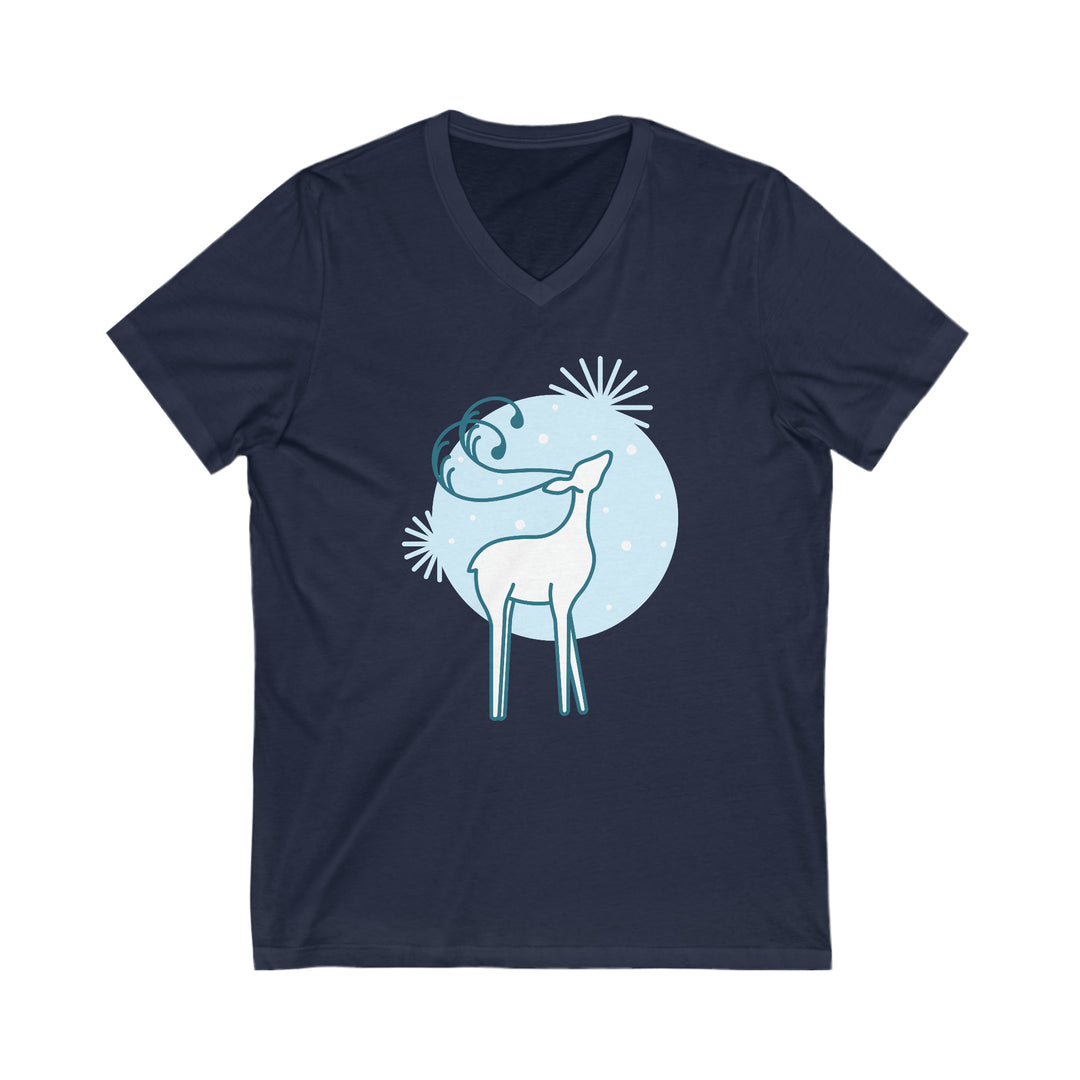 Reindeer in the Snow Unisex Jersey Short Sleeve V-Neck Tee