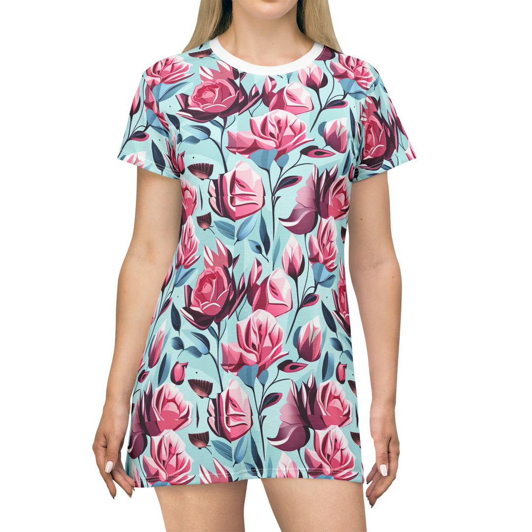 Pink Roses on Blue, Women's T-Shirt Dress (AOP)