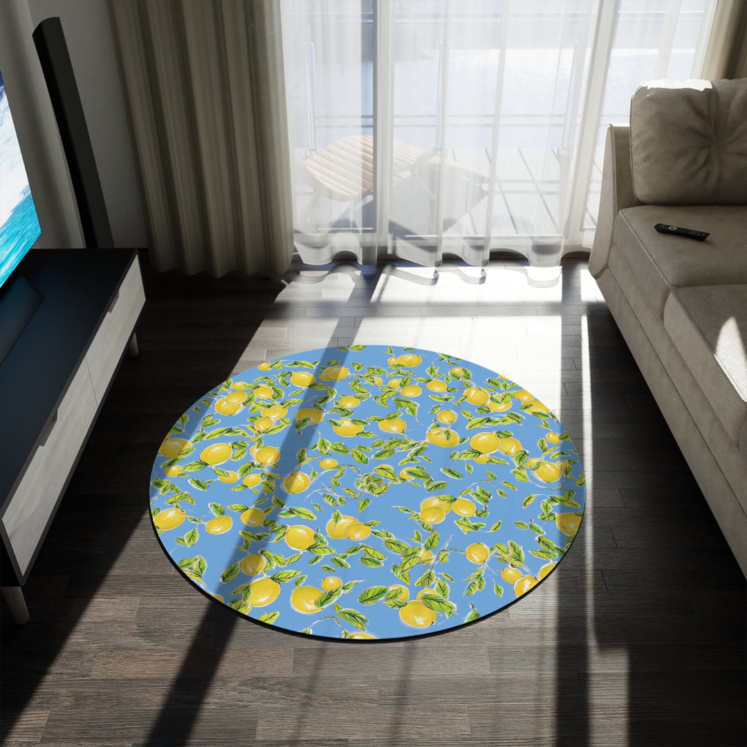 Lemon on blue Round Rug
