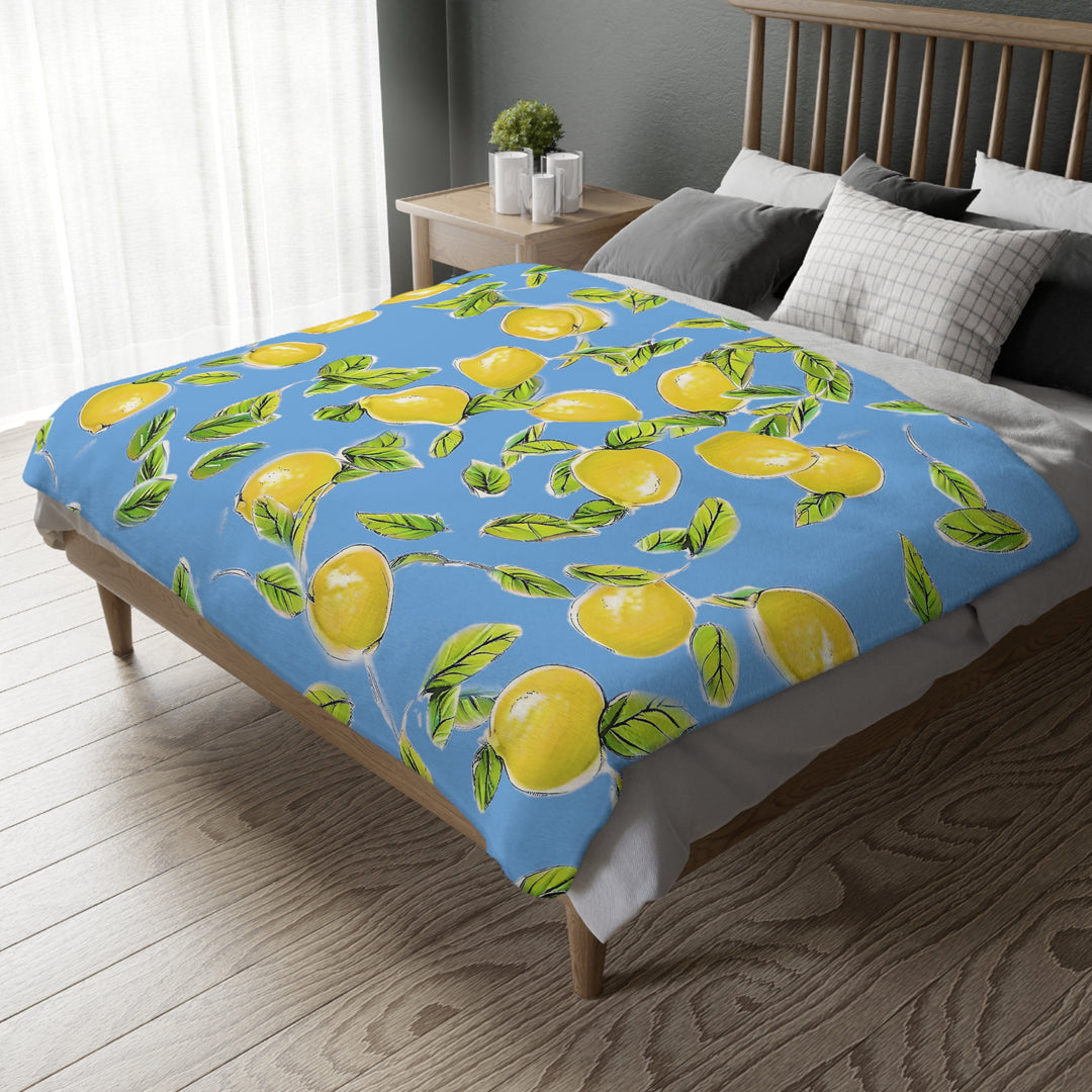 Lemons on blue Velveteen Minky Blanket (Two-sided print)
