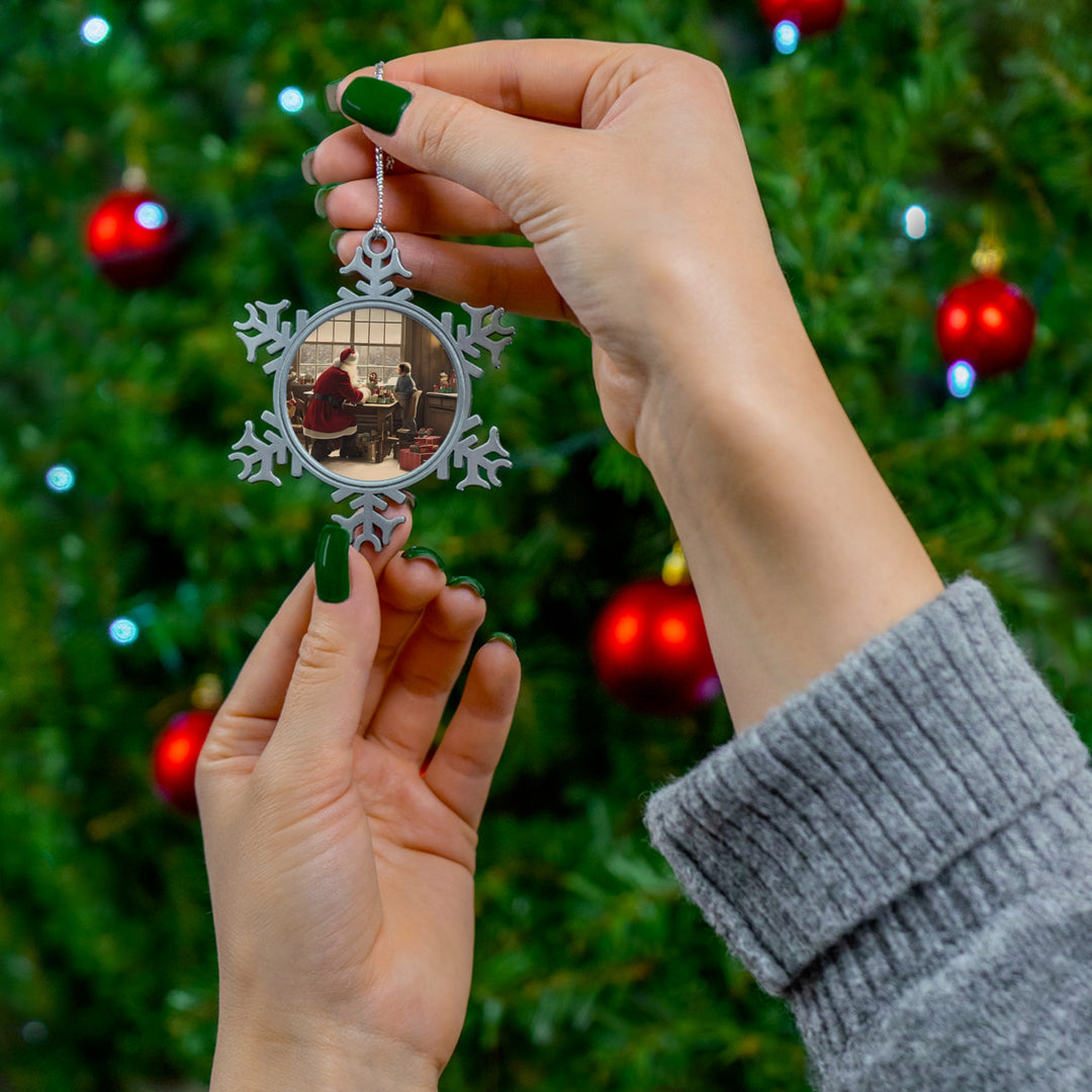 Santa and Helper Pewter Snowflake Ornament