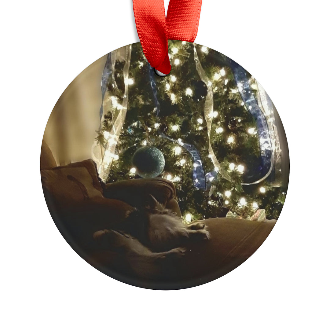 Papillon waiting for Santa, Acrylic Ornament with Ribbon