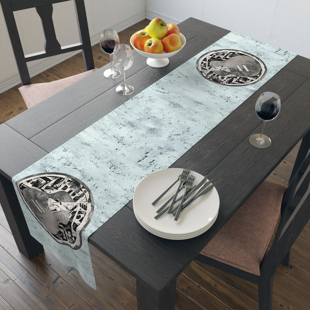 Grey Little Sketchy on Textured Blue Table Runner (Cotton, Poly)