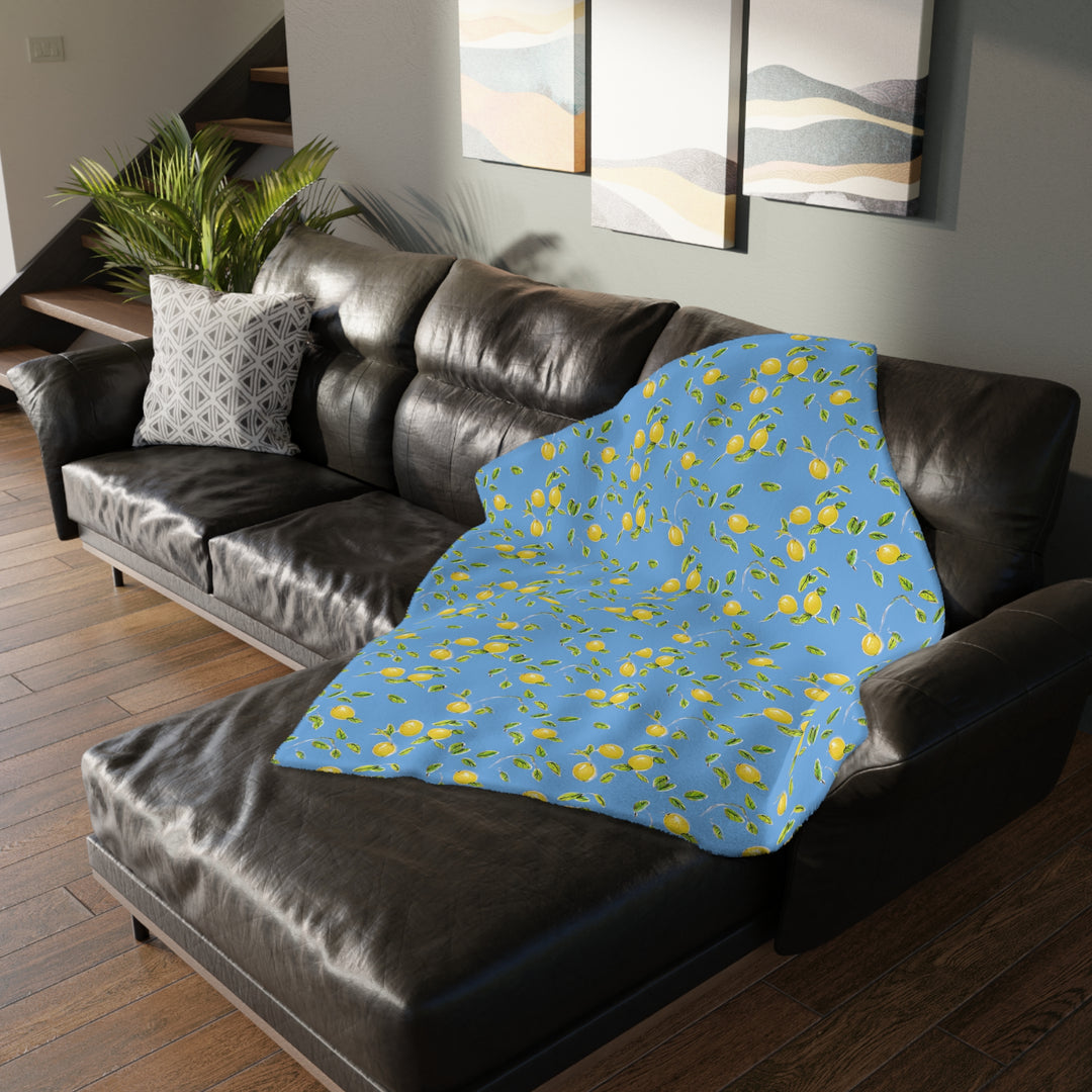Lemons on blue Velveteen Minky Blanket (Two-sided print)