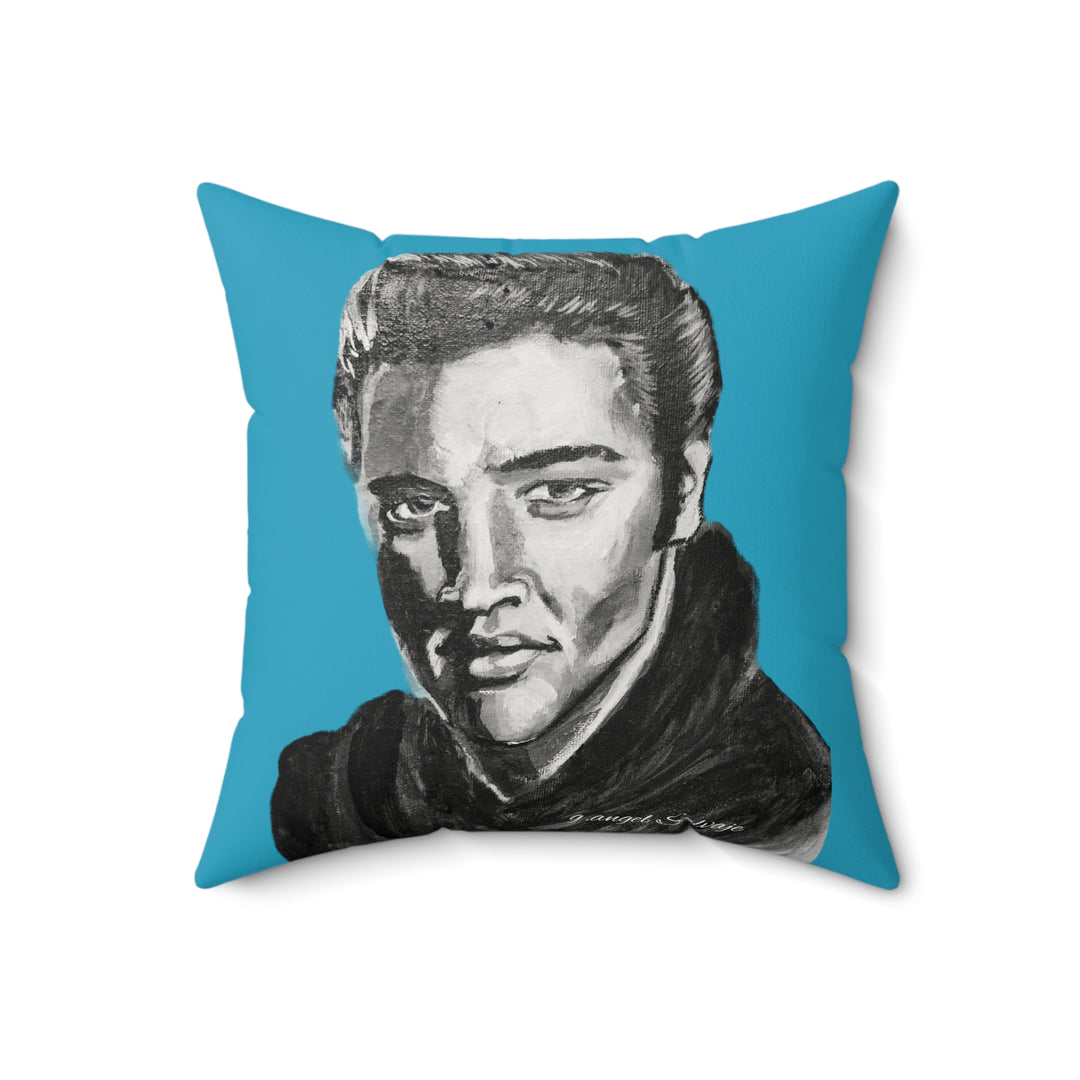 Blue faux Suede Square Pillow -Elvis, King of Rock and Roll an original Painting by g angel Salvaje