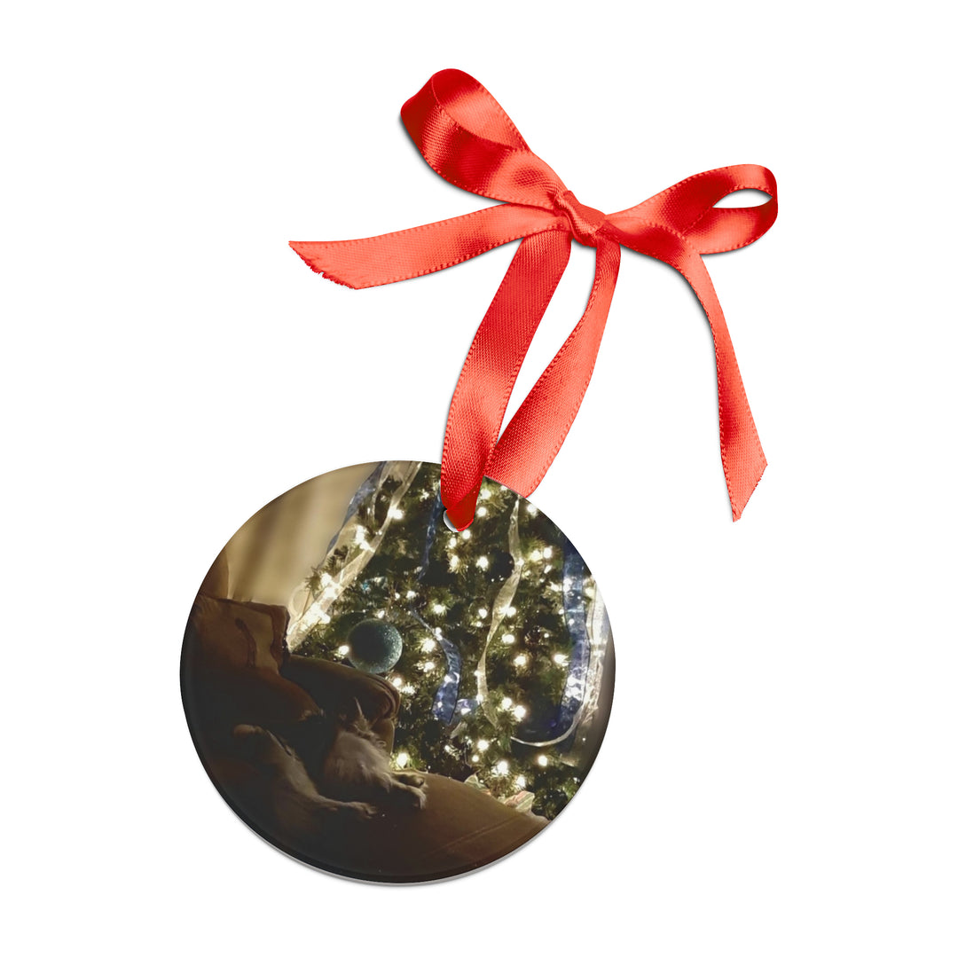 Papillon waiting for Santa, Acrylic Ornament with Ribbon