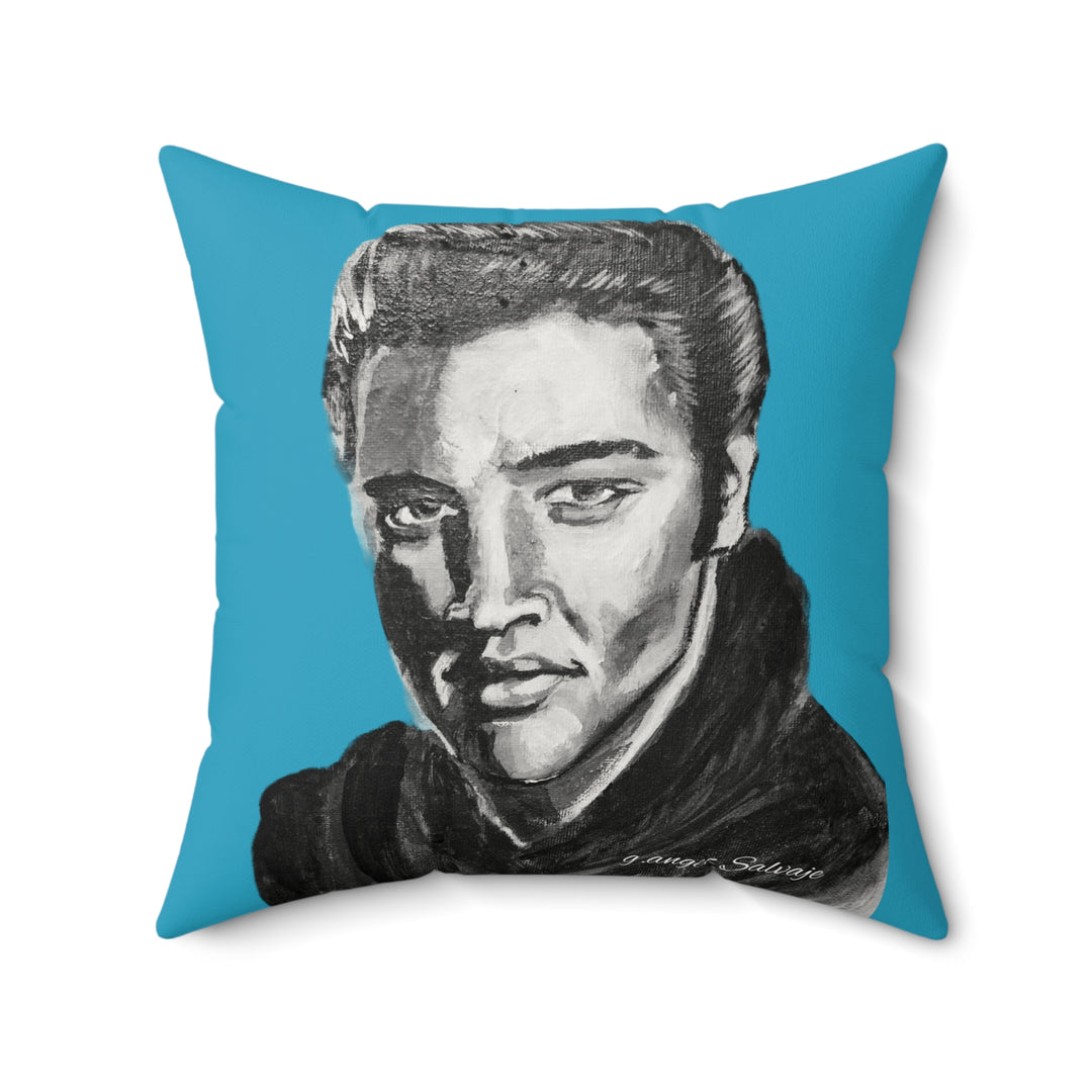 Blue faux Suede Square Pillow -Elvis, King of Rock and Roll an original Painting by g angel Salvaje
