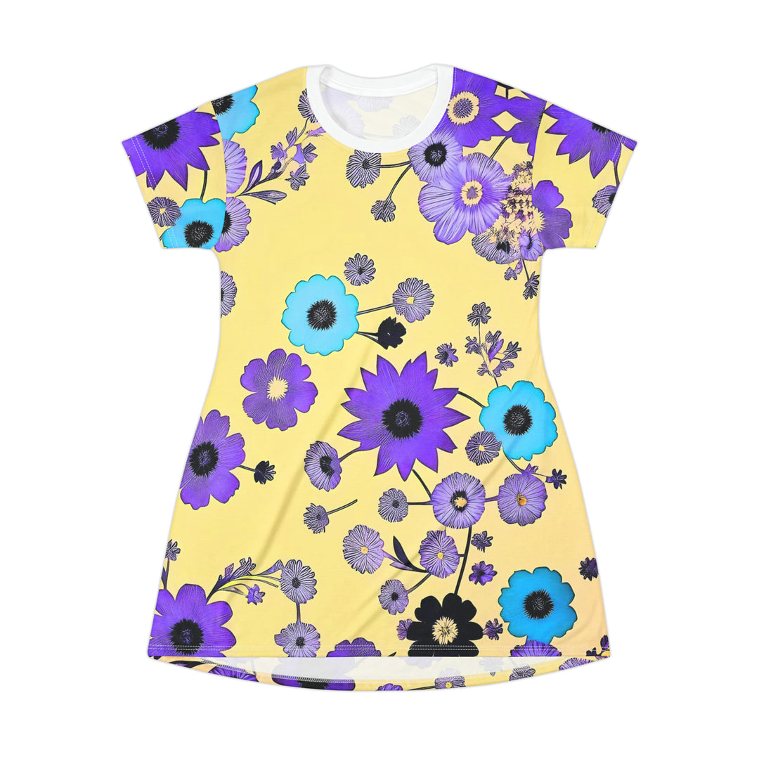 Purple Flowers Dancing on Sunshine T-Shirt Dress (AOP)
