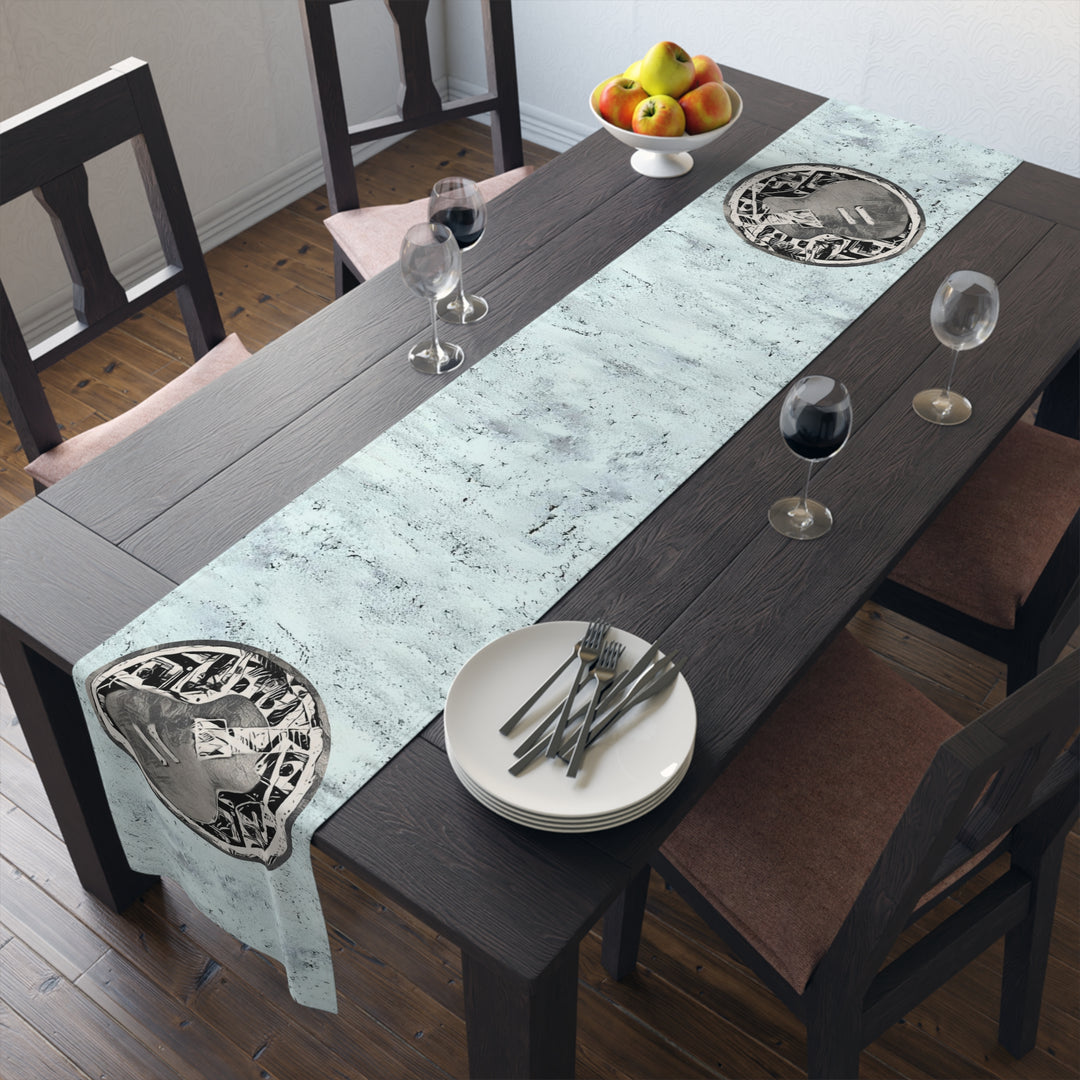 Grey Little Sketchy on Textured Blue Table Runner (Cotton, Poly)