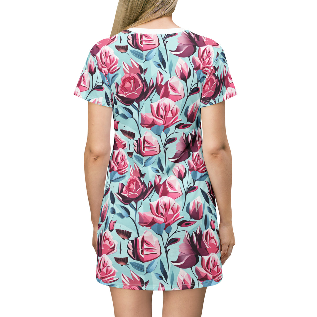 Pink Roses on Blue, Women's T-Shirt Dress (AOP)