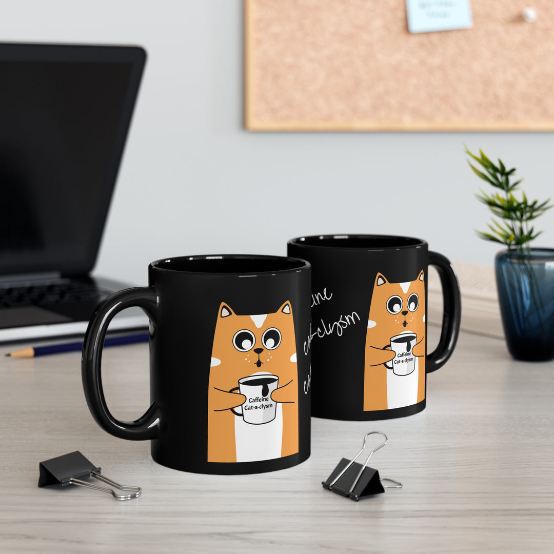 Caffeine Cat-a-clysm cat 11oz Black Mug