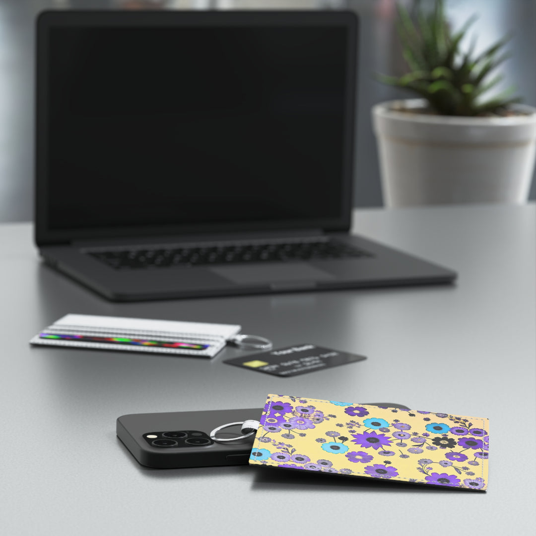 Purple Flowers Dancing on Sunshine Saffiano Leather Card Holder