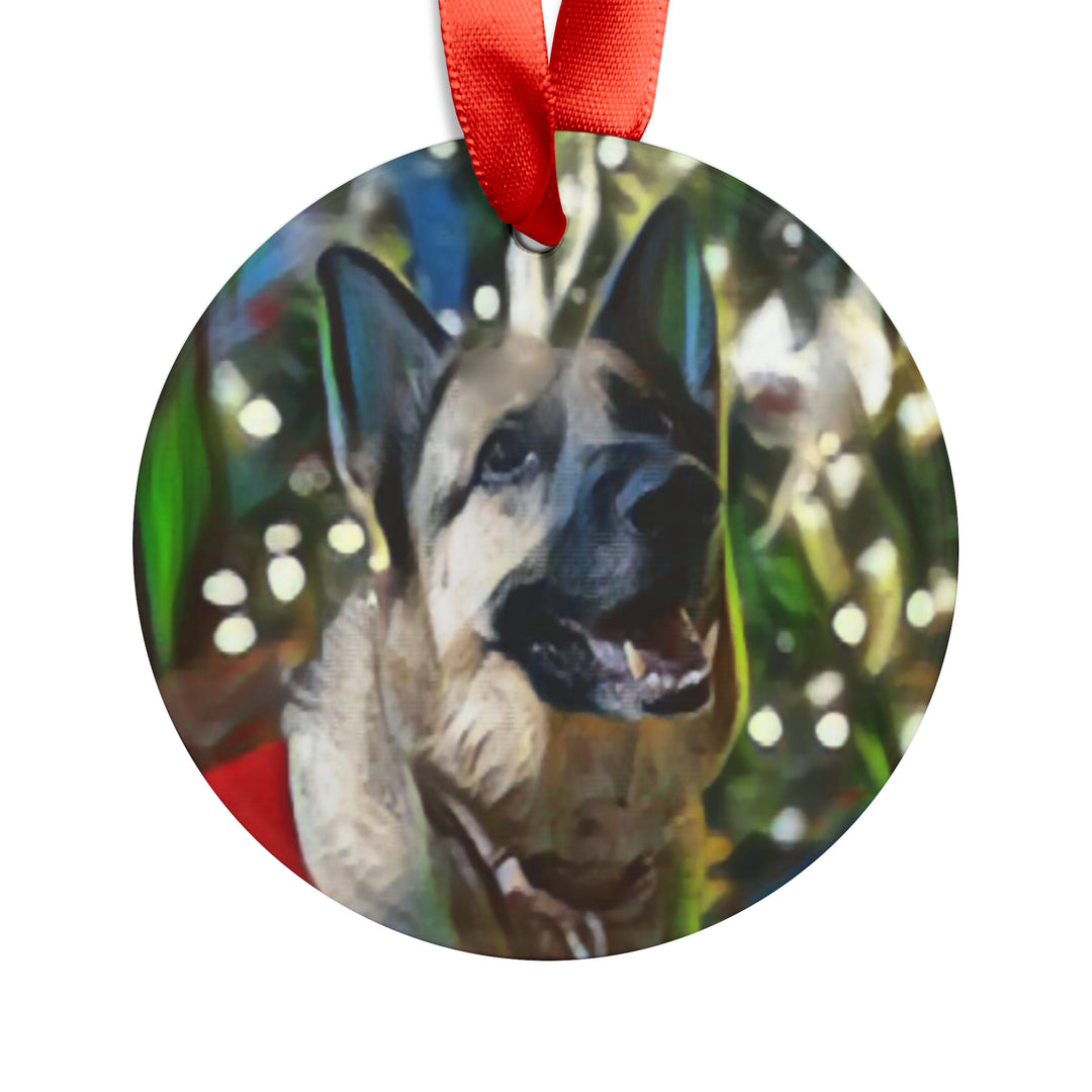 German Shepard in ugly sweater, Acrylic Ornament with Ribbon