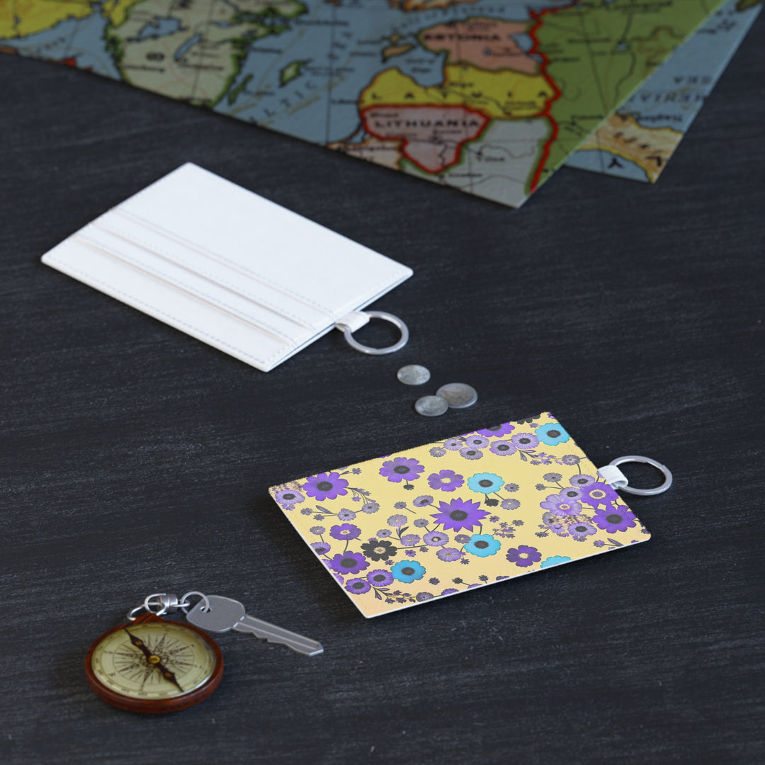 Purple Flowers Dancing on Sunshine Saffiano Leather Card Holder