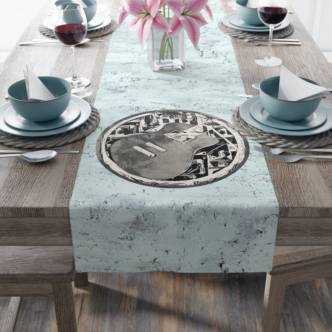 Grey Little Sketchy on Textured Blue Table Runner (Cotton, Poly)