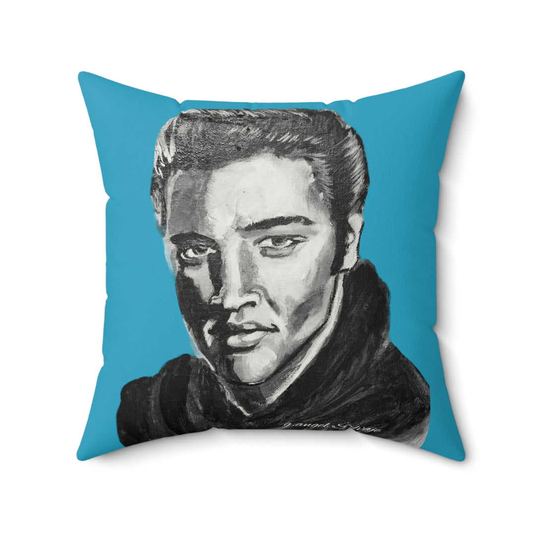 Blue faux Suede Square Pillow -Elvis, King of Rock and Roll an original Painting by g angel Salvaje