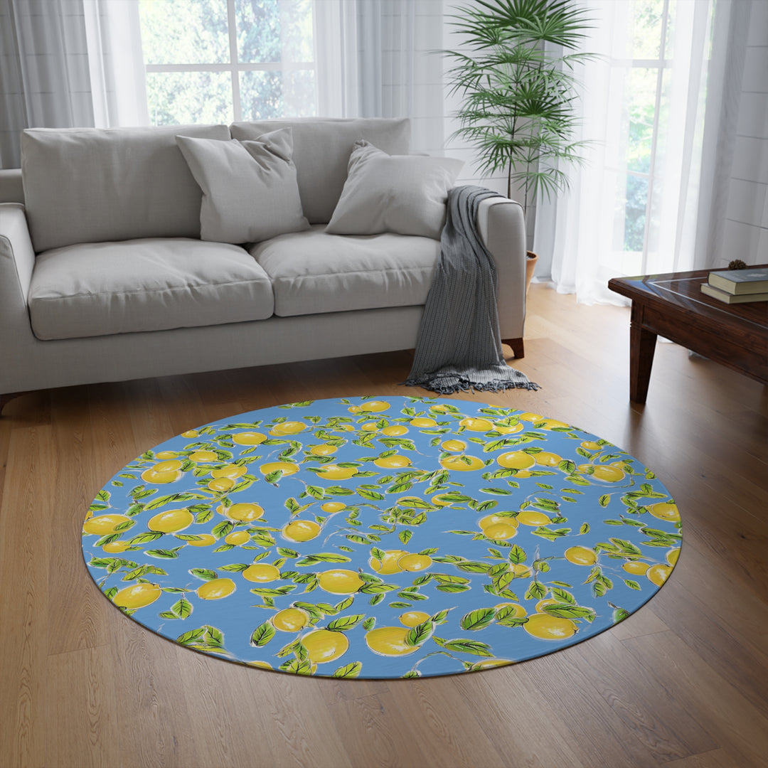 Lemon on blue Round Rug