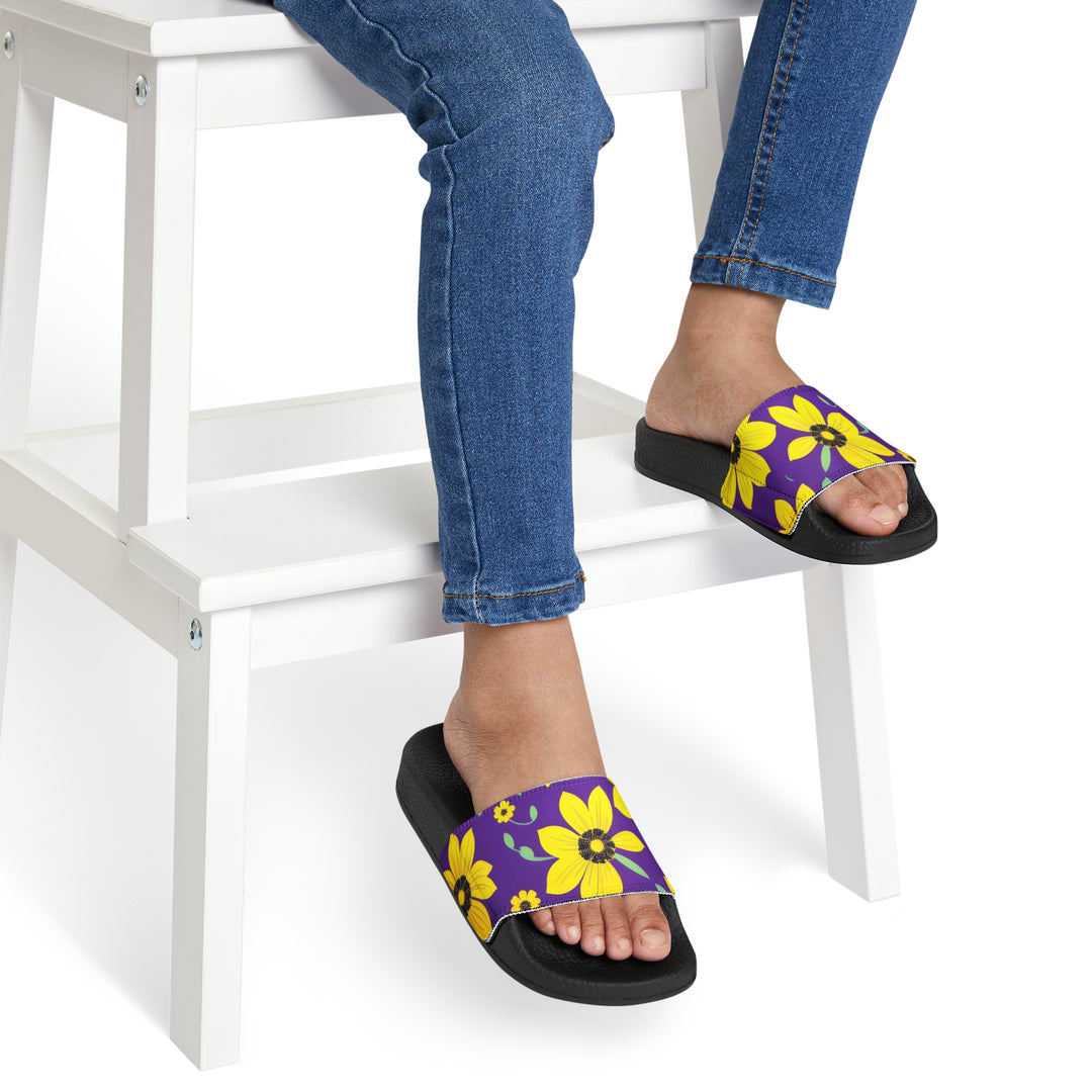 Yellow Floral on Purple Youth PU Slide Sandals