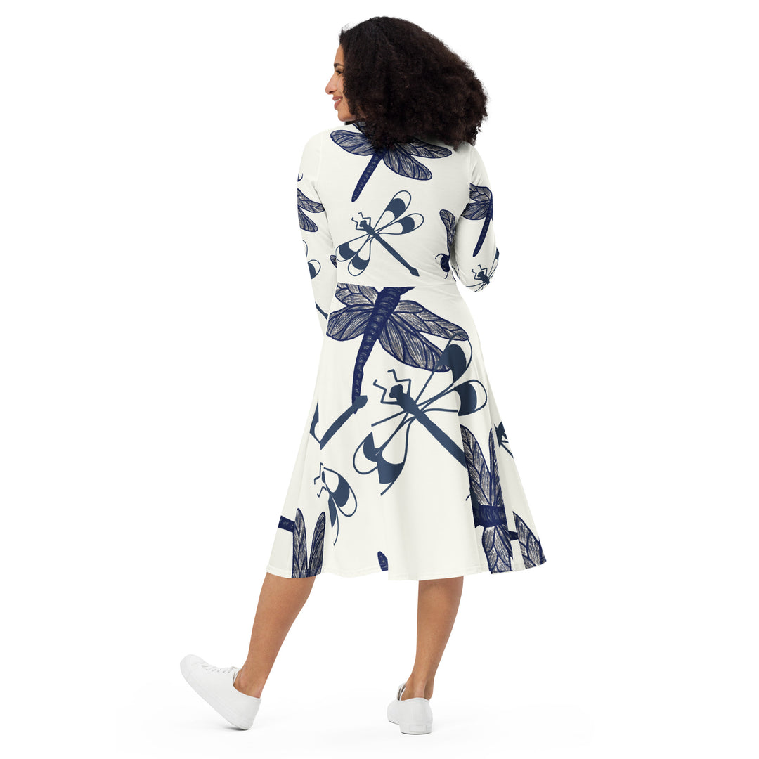 Dragon Fly Flight long sleeve midi dress with Pockets