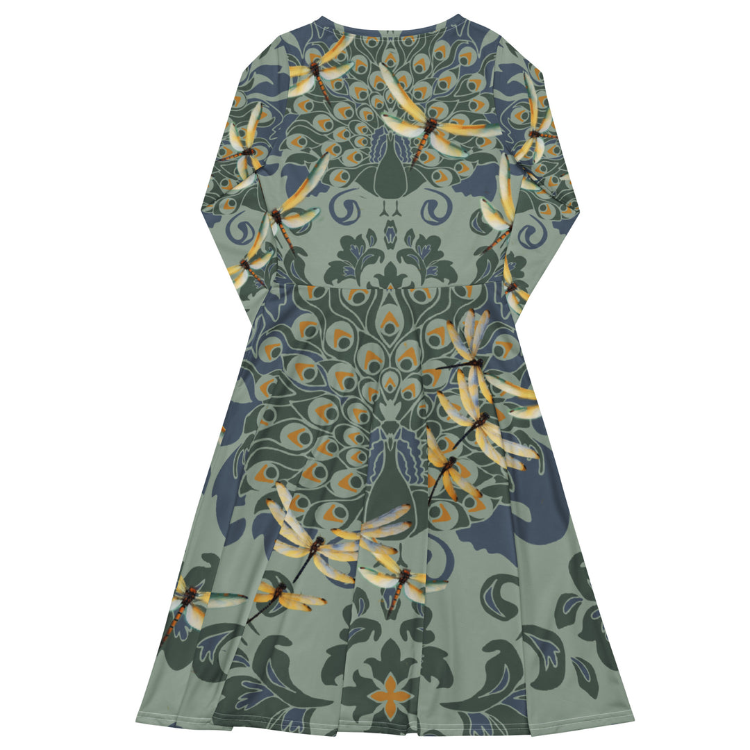 Keep Shining ,DragonFlies and Peacocks long sleeve midi dress