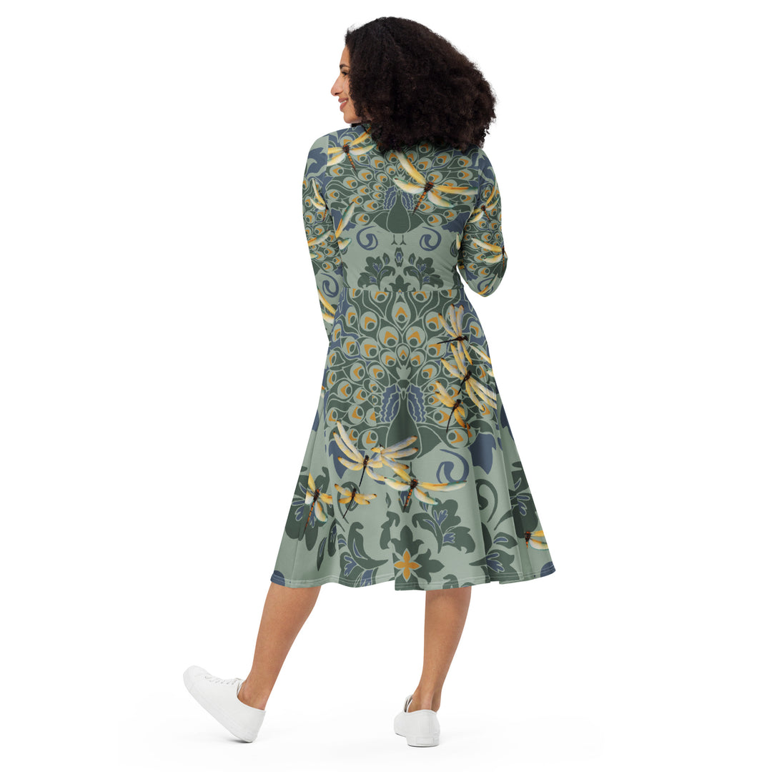 Keep Shining ,DragonFlies and Peacocks long sleeve midi dress