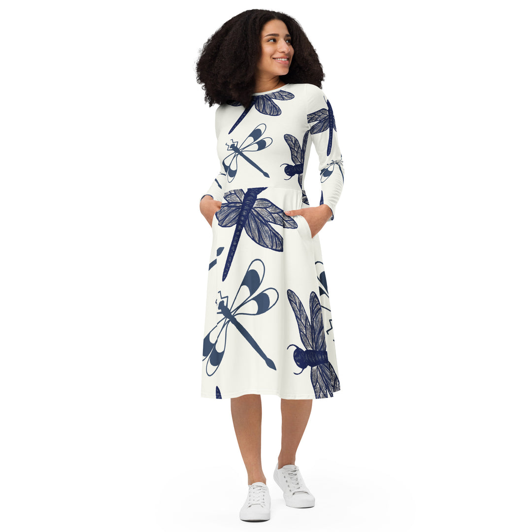 Dragon Fly Flight long sleeve midi dress with Pockets
