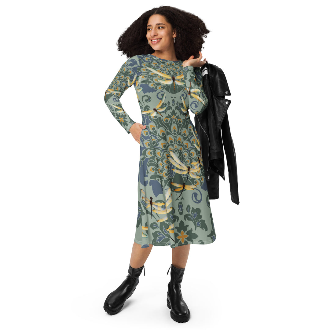 Keep Shining ,DragonFlies and Peacocks long sleeve midi dress
