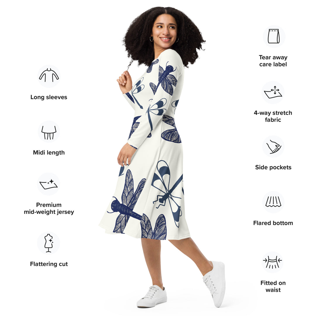 Dragon Fly Flight long sleeve midi dress with Pockets