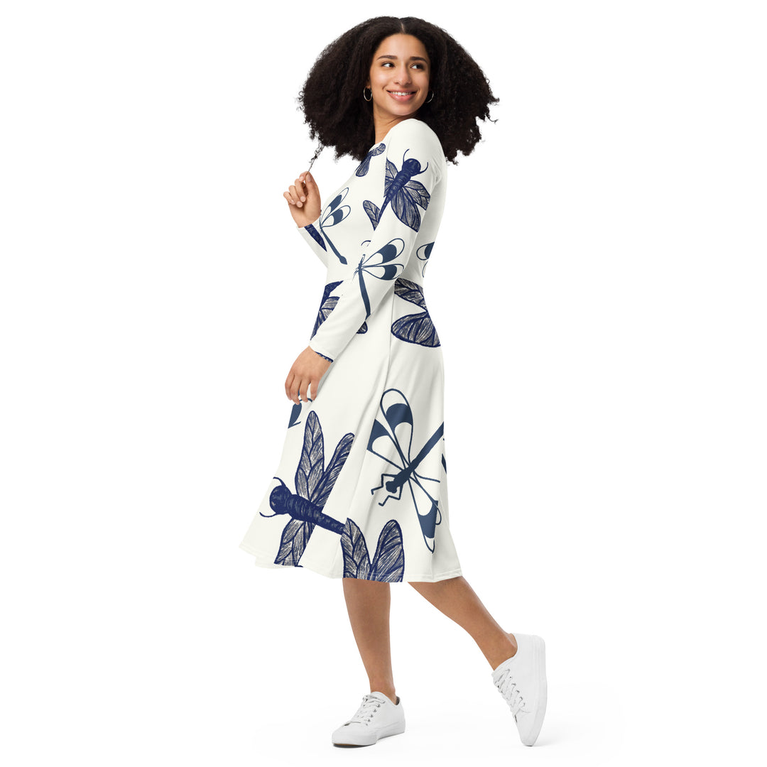 Dragon Fly Flight long sleeve midi dress with Pockets