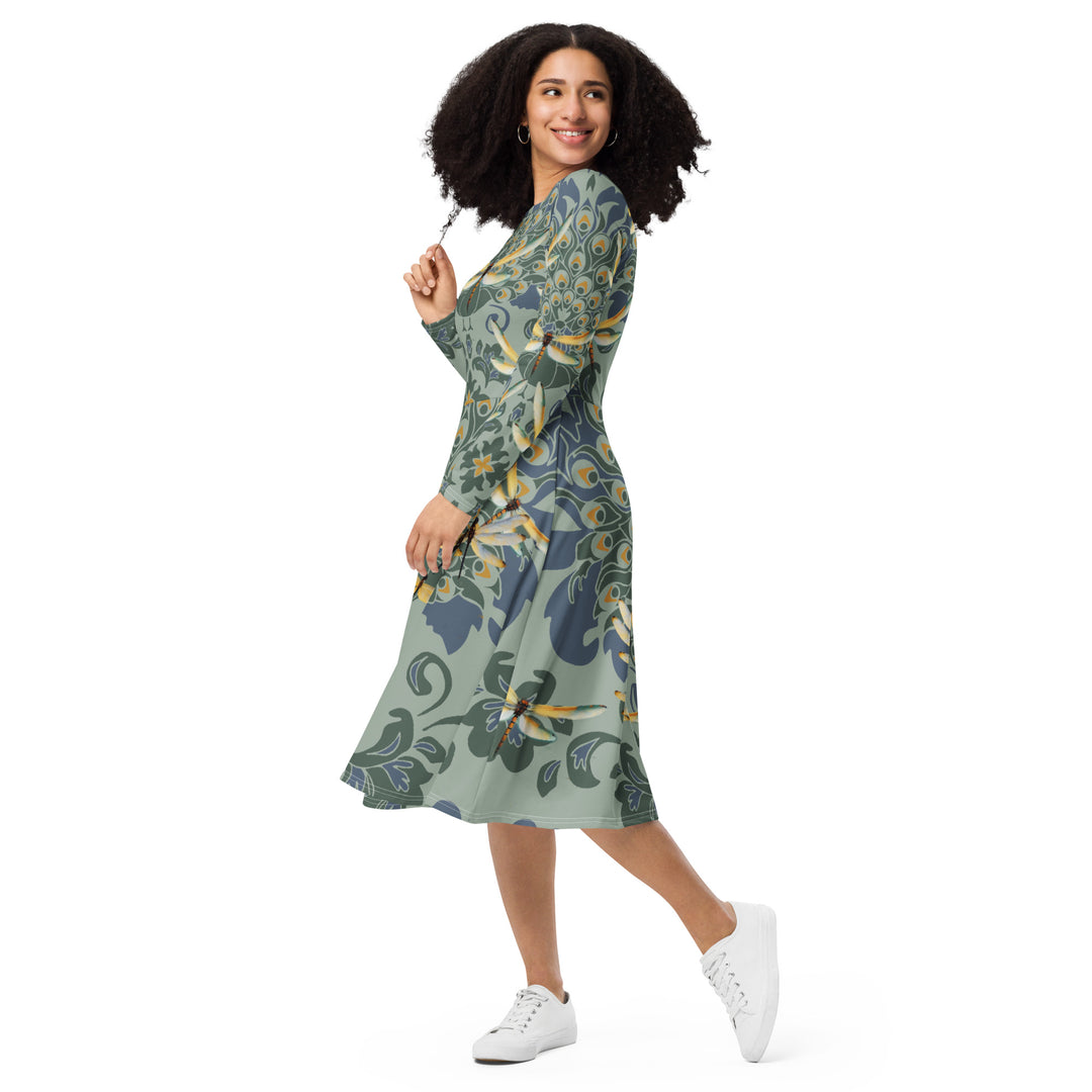 Keep Shining ,DragonFlies and Peacocks long sleeve midi dress