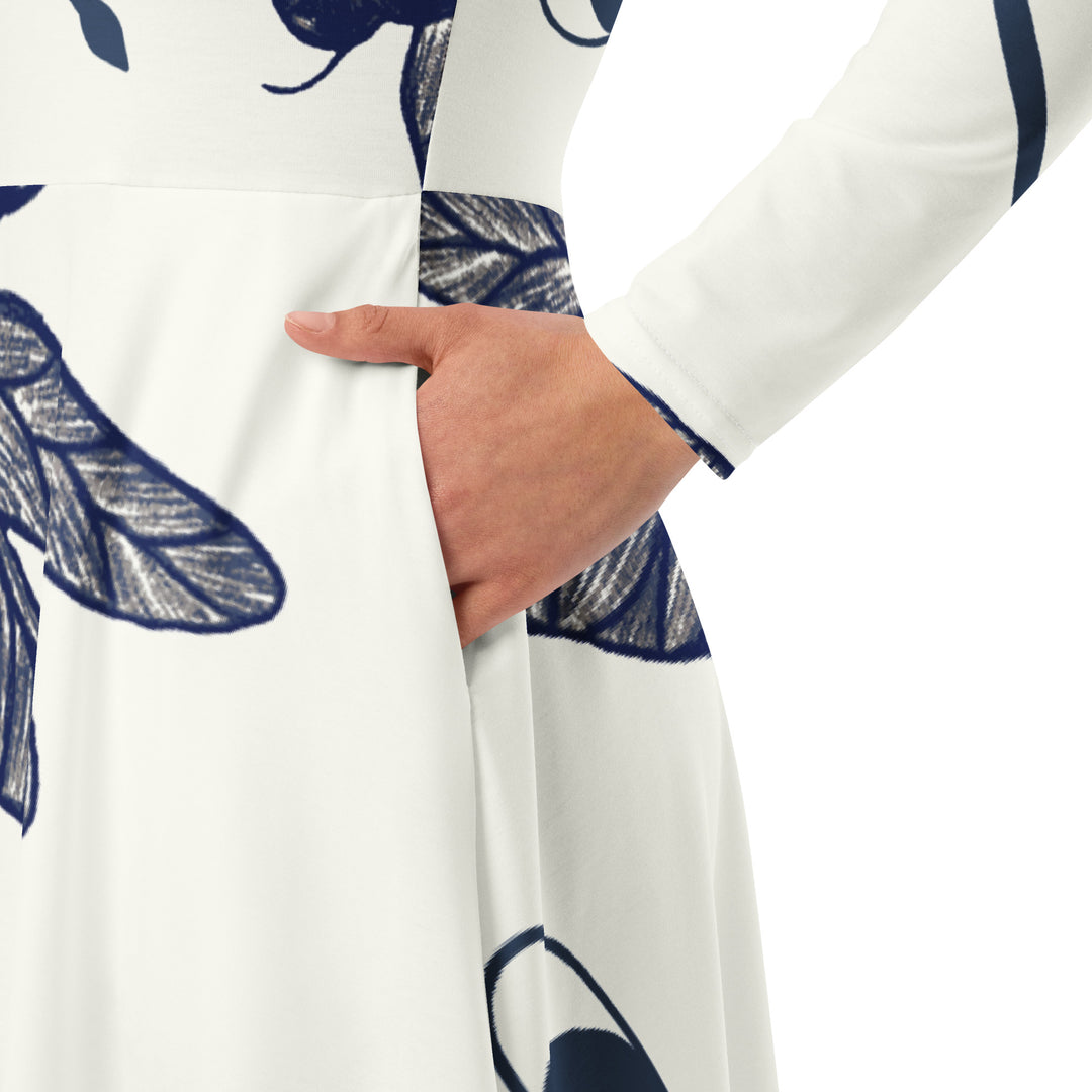 Dragon Fly Flight long sleeve midi dress with Pockets