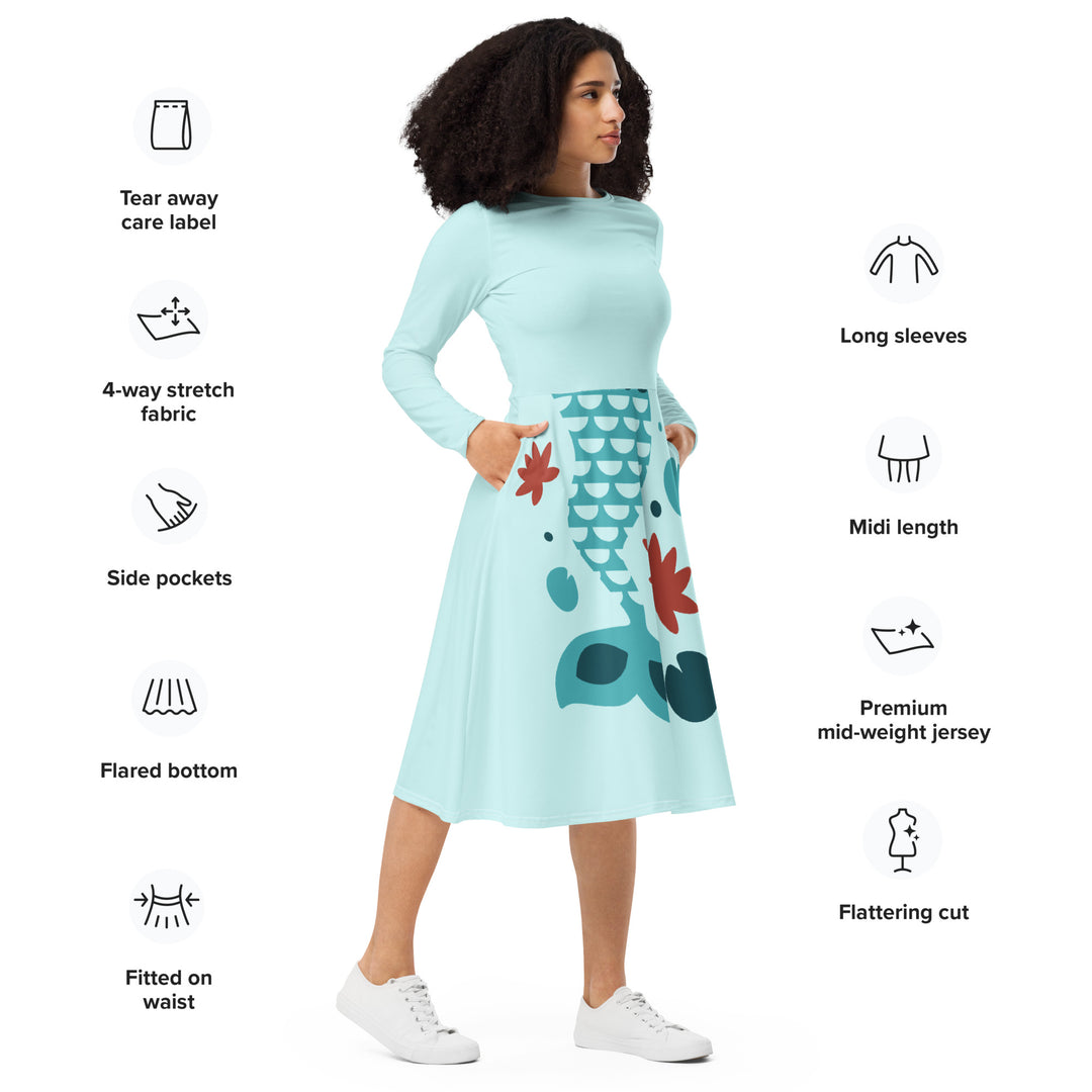 Mermaid Tail long sleeve midi dress with pockets