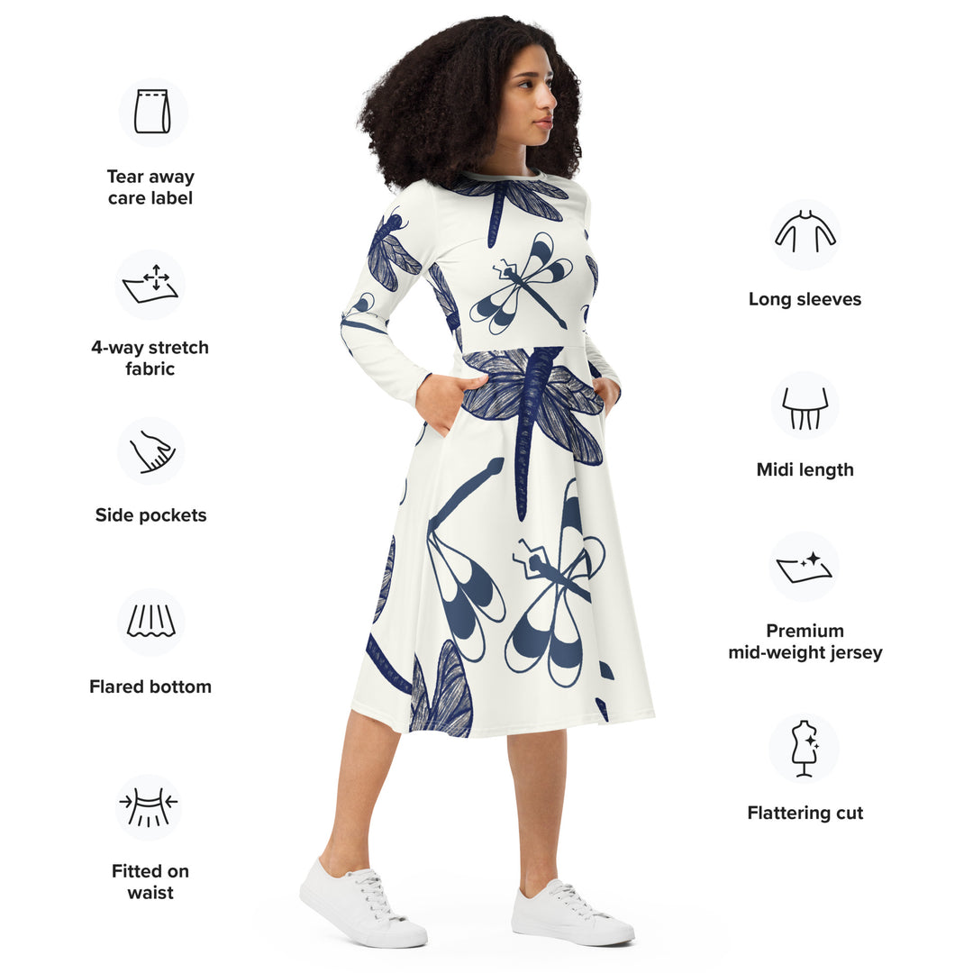 Dragon Fly Flight long sleeve midi dress with Pockets