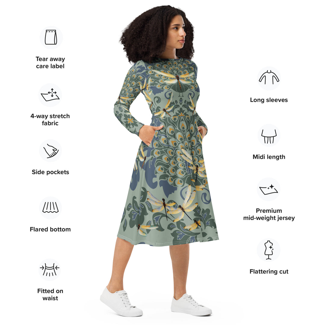 Keep Shining ,DragonFlies and Peacocks long sleeve midi dress