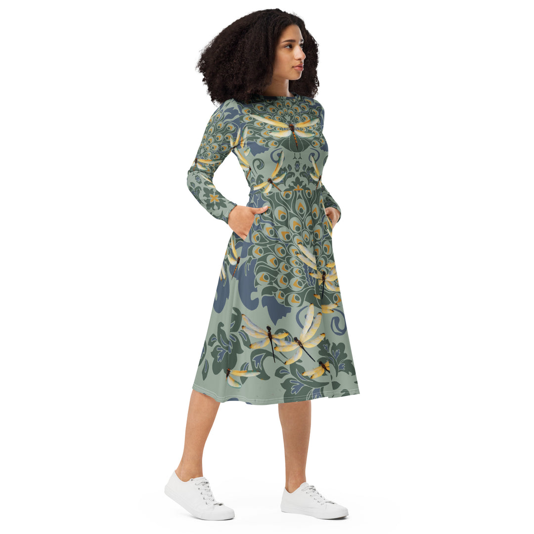 Keep Shining ,DragonFlies and Peacocks long sleeve midi dress
