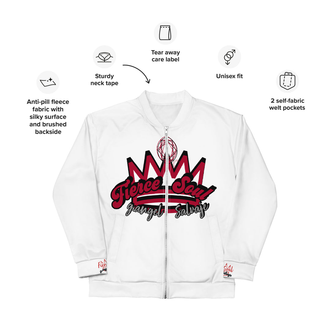 Fierce Soul, 70's lettering ,White Unisex Bomber Jacket